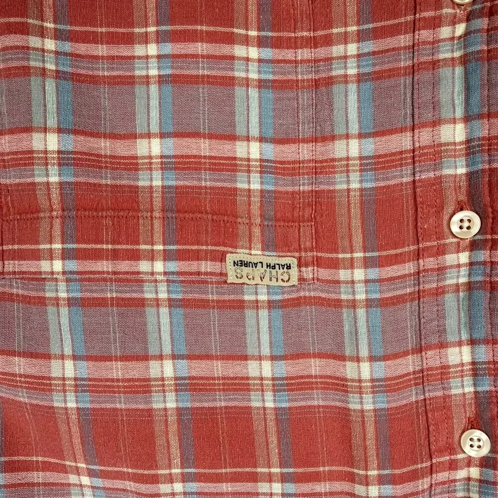 Chaps Ralph Lauren Plaid Button-Up Shirt Hemp Cotton Coral 90s Y2K Large